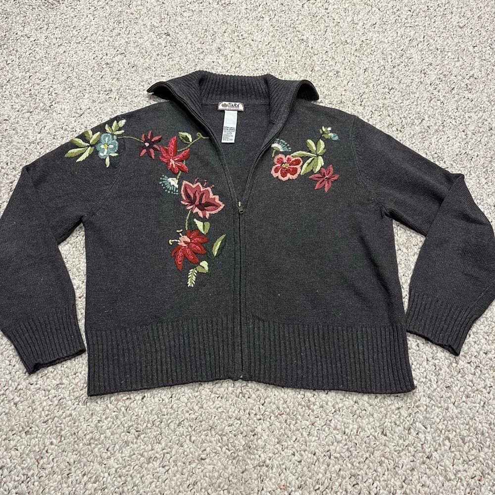 Tiara International Floral Embroidered Full Zip Cardigan Sweater XL Cottagecore